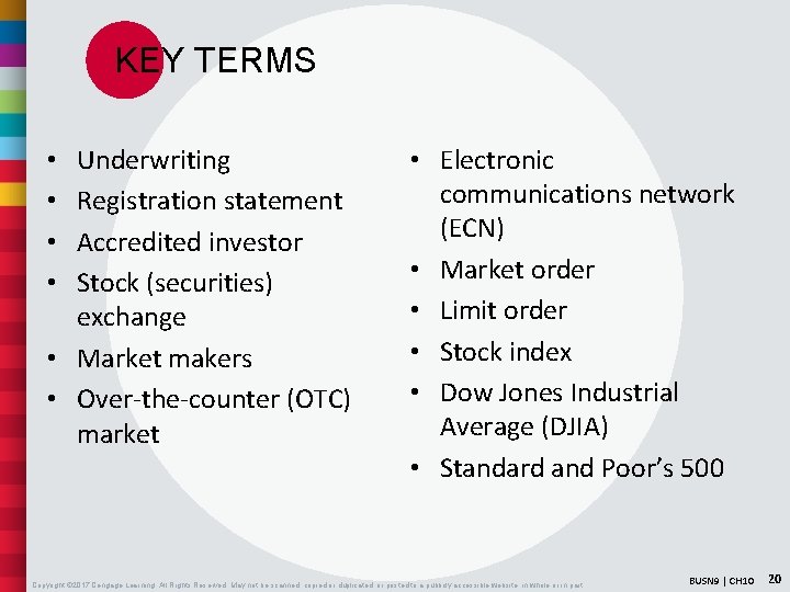 KEY TERMS Underwriting Registration statement Accredited investor Stock (securities) exchange • Market makers •