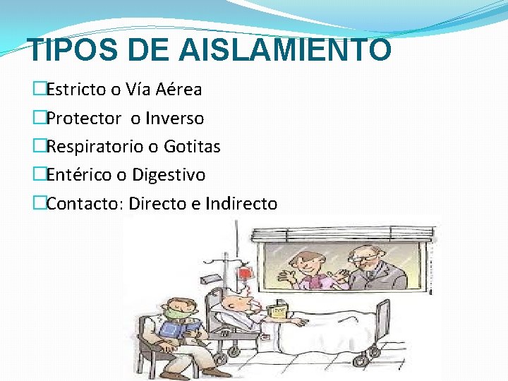 TIPOS DE AISLAMIENTO �Estricto o Vía Aérea �Protector o Inverso �Respiratorio o Gotitas �Entérico