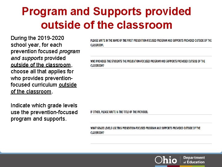 Program and Supports provided outside of the classroom During the 2019 -2020 school year,