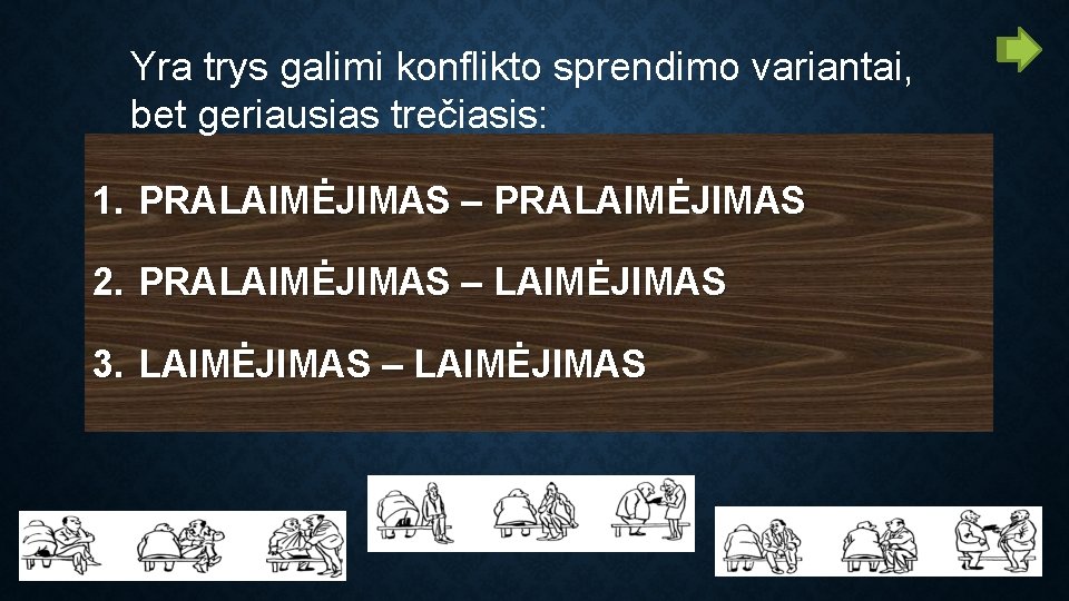 Yra trys galimi konflikto sprendimo variantai, bet geriausias trečiasis: 1. PRALAIMĖJIMAS – PRALAIMĖJIMAS 2.