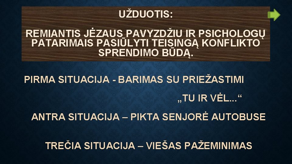 UŽDUOTIS: REMIANTIS JĖZAUS PAVYZDŽIU IR PSICHOLOGŲ PATARIMAIS PASIŪLYTI TEISINGĄ KONFLIKTO SPRENDIMO BŪDĄ. PIRMA SITUACIJA