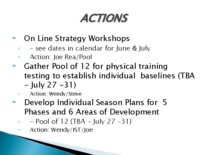 ACTIONS ◦ ◦ ◦ On Line Strategy Workshops – see dates in calendar for
