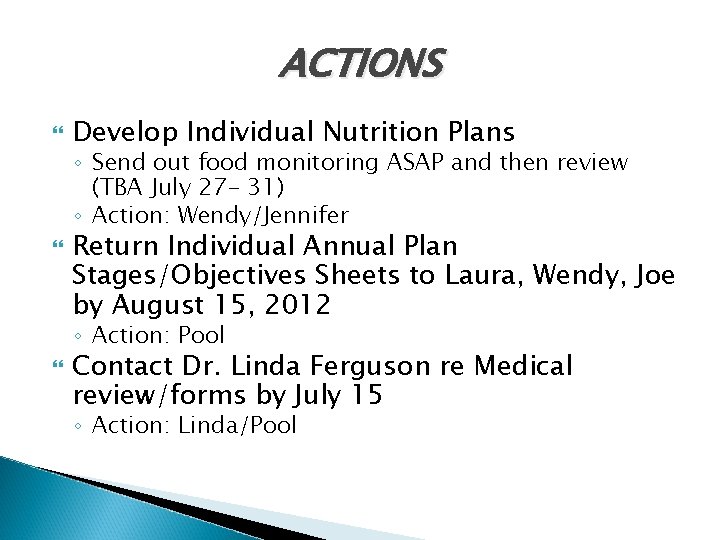 ACTIONS Develop Individual Nutrition Plans ◦ Send out food monitoring ASAP and then review