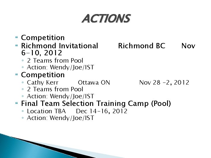 ACTIONS Competition Richmond Invitational 6 -10, 2012 Richmond BC Nov ◦ 2 Teams from