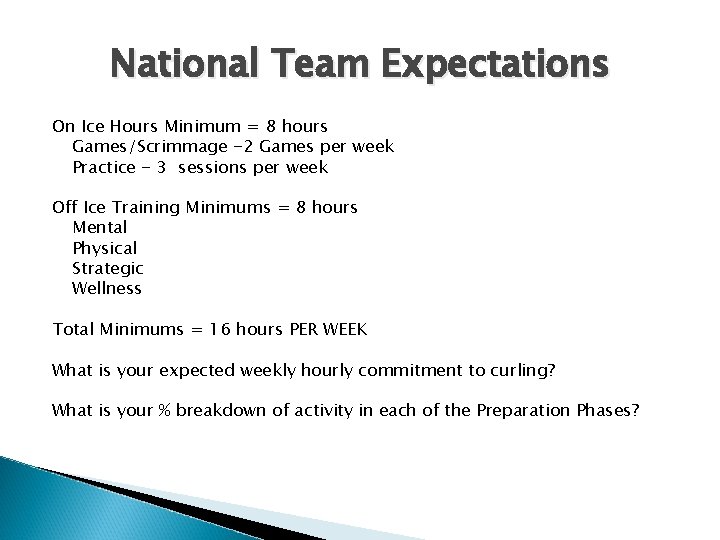 National Team Expectations On Ice Hours Minimum = 8 hours Games/Scrimmage -2 Games per