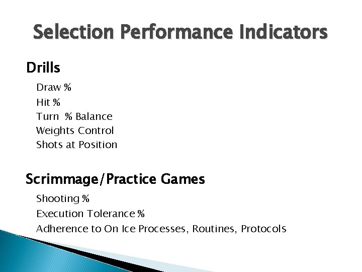 Selection Performance Indicators Drills Draw % Hit % Turn % Balance Weights Control Shots