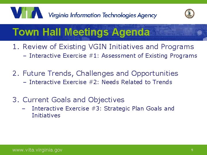 Town Hall Meetings Agenda 1. Review of Existing VGIN Initiatives and Programs – Interactive