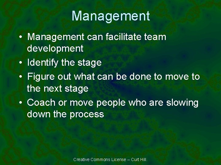 Management • Management can facilitate team development • Identify the stage • Figure out