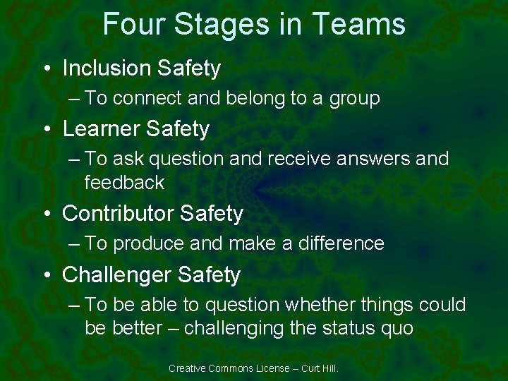 Four Stages in Teams • Inclusion Safety – To connect and belong to a