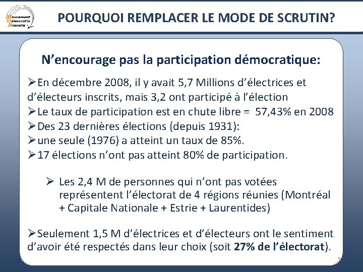 POURQUOI REMPLACER LE MODE DE SCRUTIN? N’encourage pas la participation démocratique: ØEn décembre 2008,