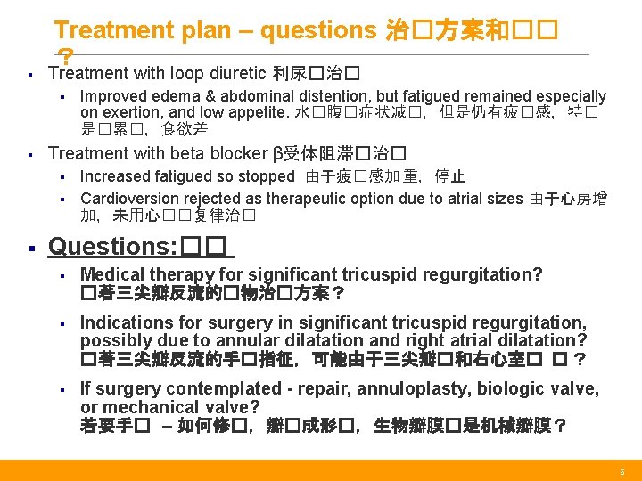 § Treatment plan – questions 治�方案和�� ？ Treatment with loop diuretic 利尿�治� § §