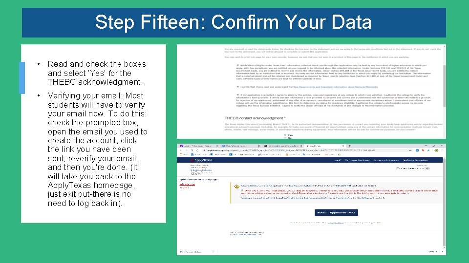 Step Fifteen: Confirm Your Data • Read and check the boxes and select ‘Yes’