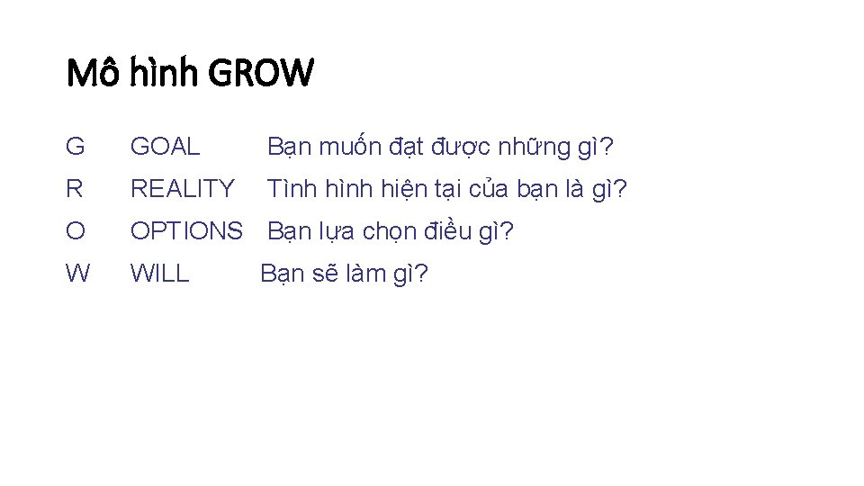 Mô hình GROW G GOAL Bạn muốn đạt được những gì? R REALITY Tình