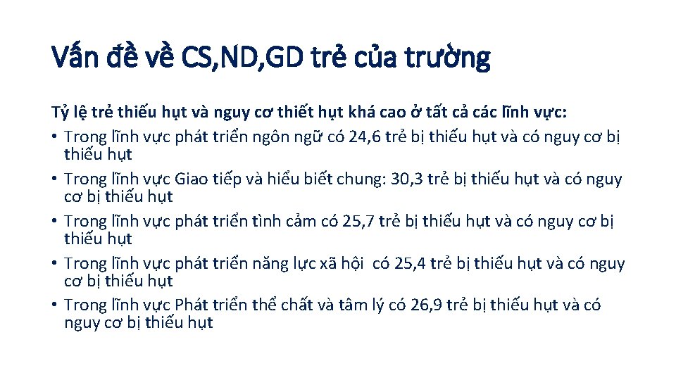 Vấn đề về CS, ND, GD trẻ của trường Tỷ lệ trẻ thiếu hụt Vấn đề về CS, ND, GD trẻ của trường Tỷ lệ trẻ thiếu hụt