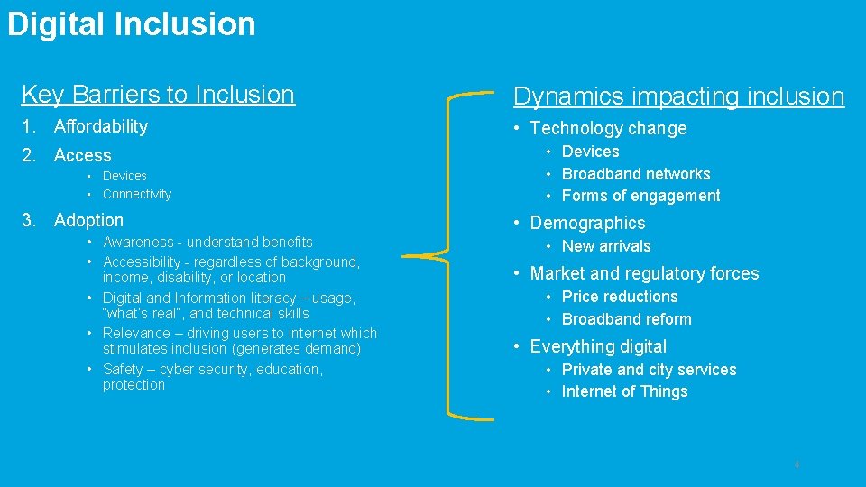 Digital Inclusion Key Barriers to Inclusion Dynamics impacting inclusion 1. Affordability • Technology change