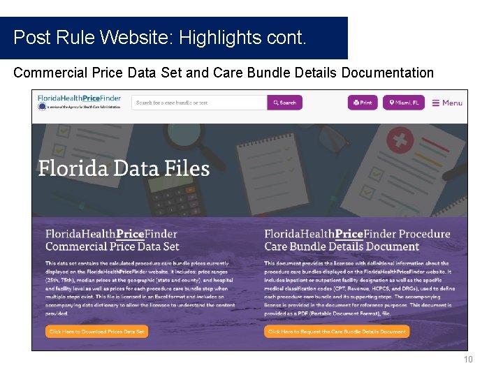 Post Rule Website: Highlights cont. Commercial Price Data Set and Care Bundle Details Documentation