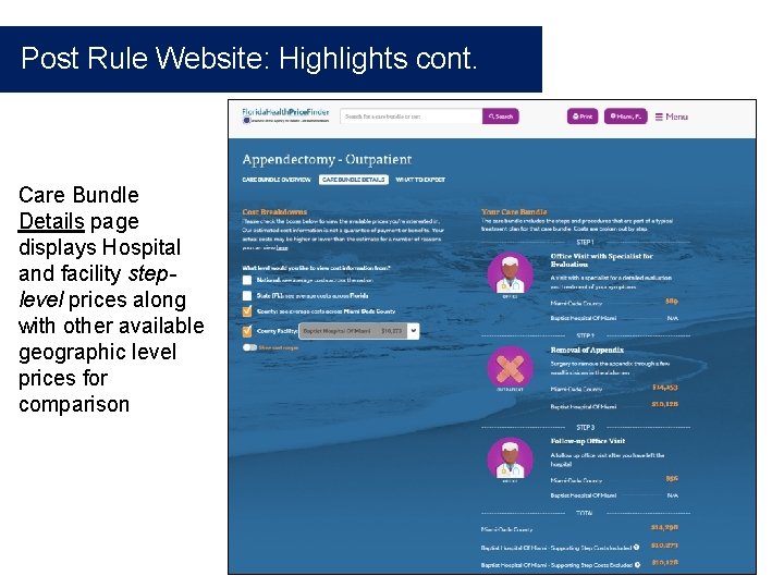 Post Rule Website: Highlights cont. Care Bundle Details page displays Hospital and facility steplevel