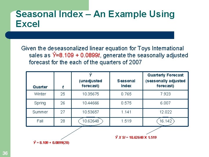 Seasonal Index – An Example Using Excel Given the deseasonalized linear equation for Toys
