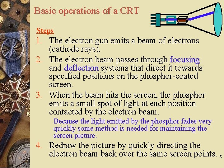Basic operations of a CRT Steps 1. The electron gun emits a beam of