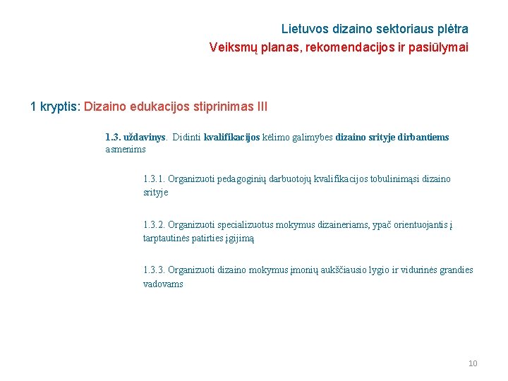 Lietuvos dizaino sektoriaus plėtra Veiksmų planas, rekomendacijos ir pasiūlymai 1 kryptis: Dizaino edukacijos stiprinimas