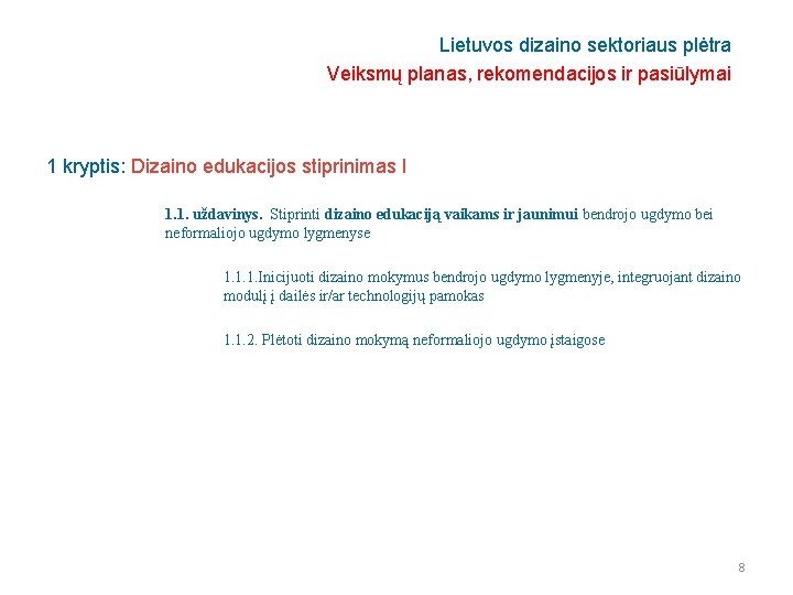 Lietuvos dizaino sektoriaus plėtra Veiksmų planas, rekomendacijos ir pasiūlymai 1 kryptis: Dizaino edukacijos stiprinimas