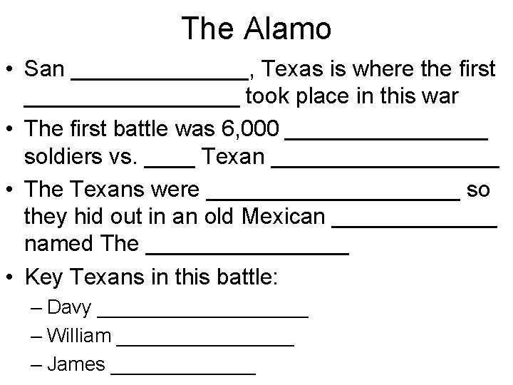 The Alamo • San _______, Texas is where the first _________ took place in
