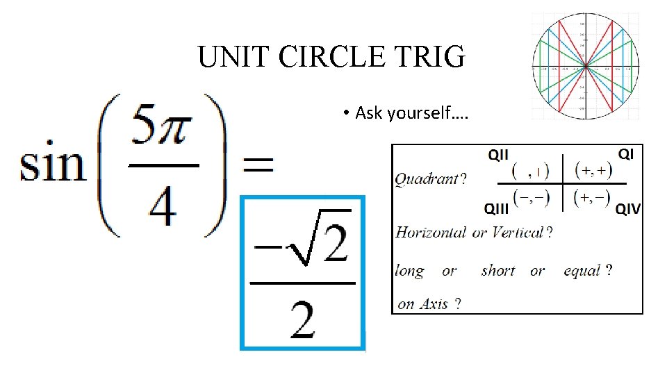 UNIT CIRCLE TRIG • Ask yourself…. 