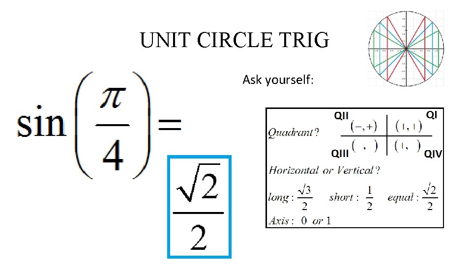 UNIT CIRCLE TRIG Ask yourself: 