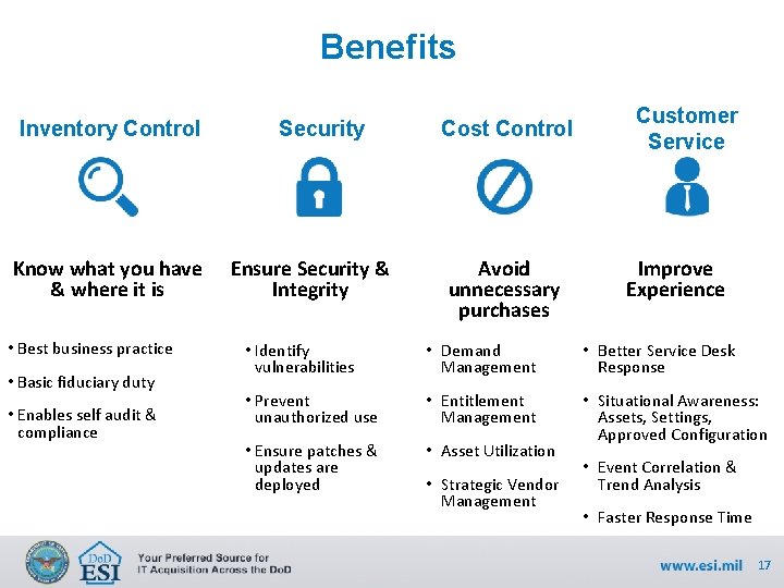 Benefits Inventory Control Know what you have & where it is • Best business