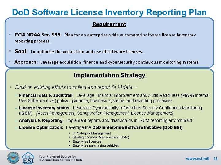 Do. D Software License Inventory Reporting Plan Requirement • FY 14 NDAA Sec. 935: