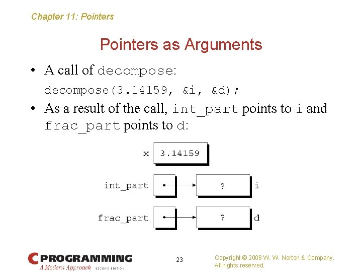 Chapter 11: Pointers as Arguments • A call of decompose: decompose(3. 14159, &i, &d);