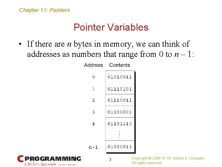 Chapter 11: Pointers Pointer Variables • If there are n bytes in memory, we