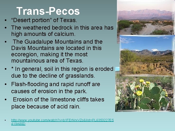 Trans-Pecos • “Desert portion” of Texas. • The weathered bedrock in this area has