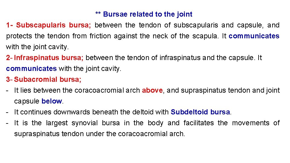 ** Bursae related to the joint 1 - Subscapularis bursa; between the tendon of ** Bursae related to the joint 1 - Subscapularis bursa; between the tendon of