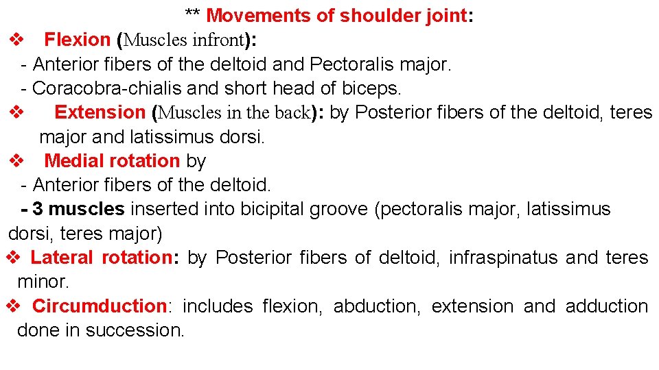 ** Movements of shoulder joint: v Flexion (Muscles infront): Anterior fibers of the deltoid ** Movements of shoulder joint: v Flexion (Muscles infront): Anterior fibers of the deltoid