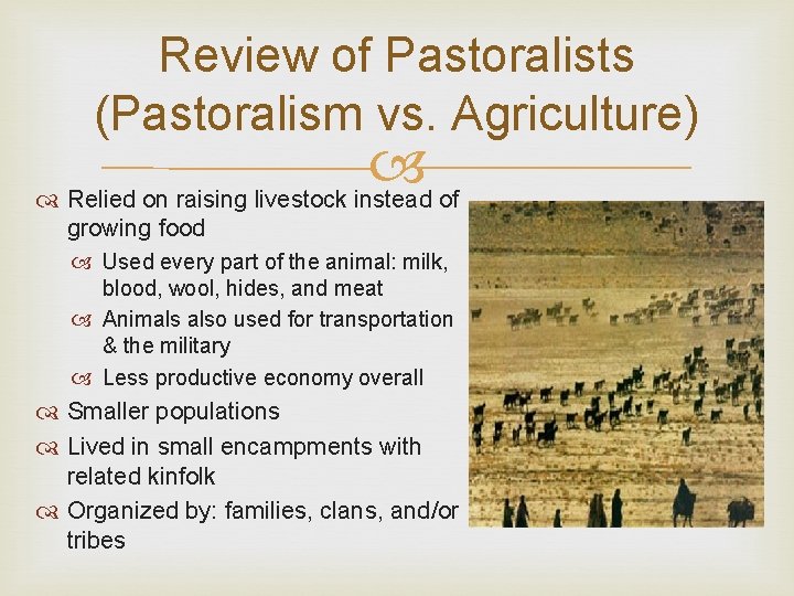 Review of Pastoralists (Pastoralism vs. Agriculture) Relied on raising livestock instead of growing food