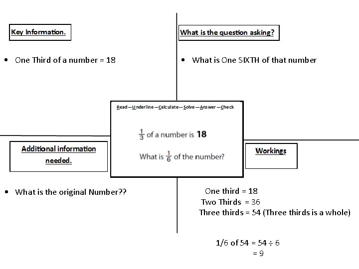  • One Third of a number = 18 • What is the original