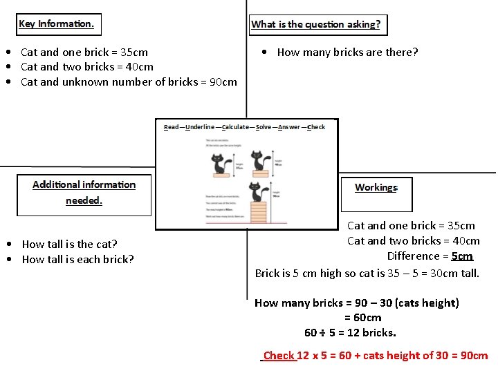  • Cat and one brick = 35 cm • Cat and two bricks