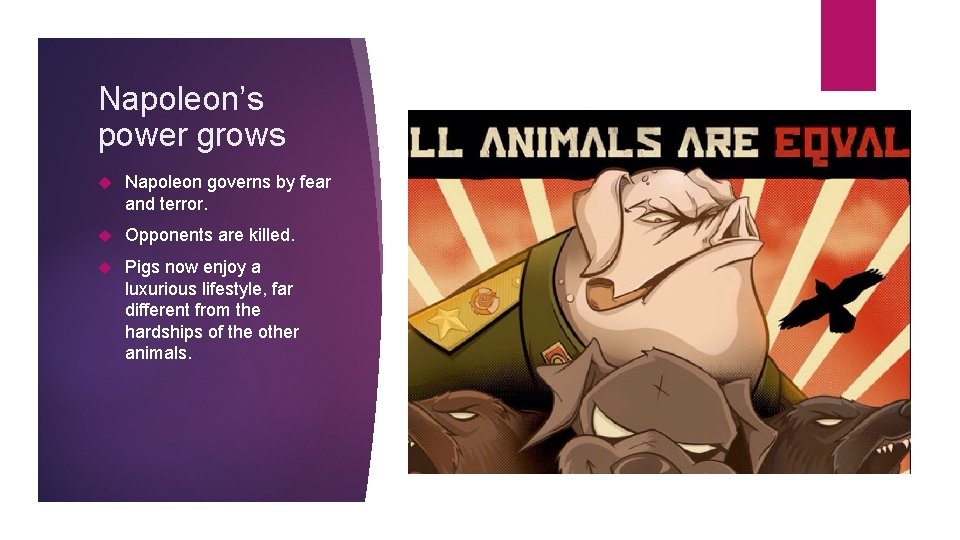 Napoleon’s power grows Napoleon governs by fear and terror. Opponents are killed. Pigs now