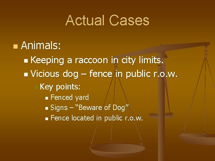 Actual Cases n Animals: n Keeping a raccoon in city limits. n Vicious dog