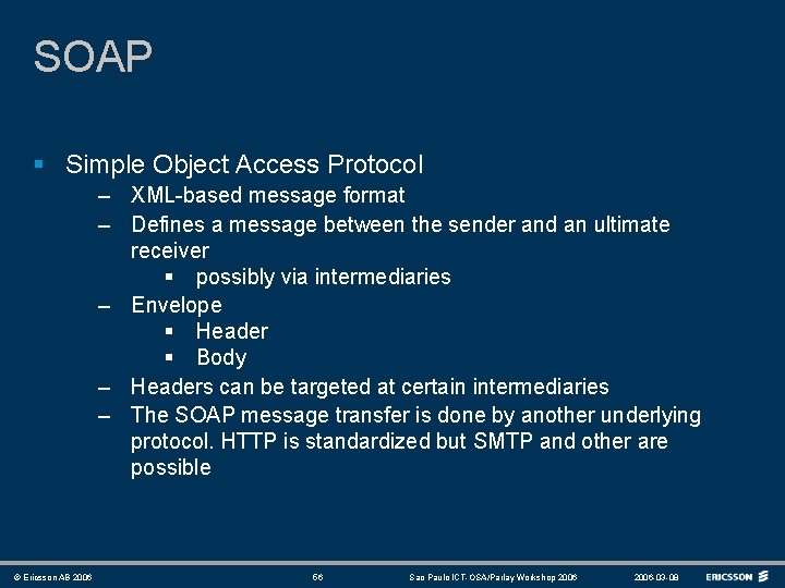 SOAP § Simple Object Access Protocol – XML-based message format – Defines a message