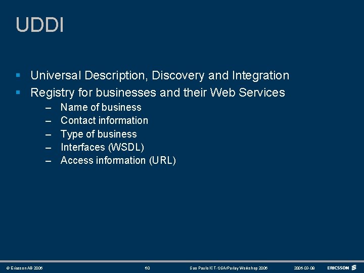 UDDI § Universal Description, Discovery and Integration § Registry for businesses and their Web
