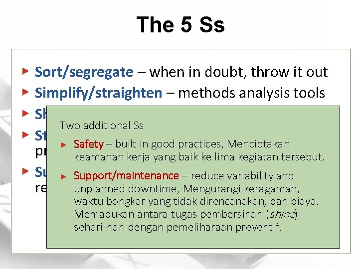 The 5 Ss Sort/segregate – when in doubt, throw it out Simplify/straighten – methods