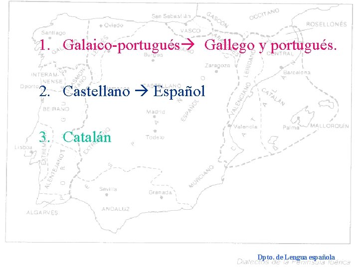 1. Galaico-portugués Gallego y portugués. 2. Castellano Español 3. Catalán Dialectología española Dpto. de