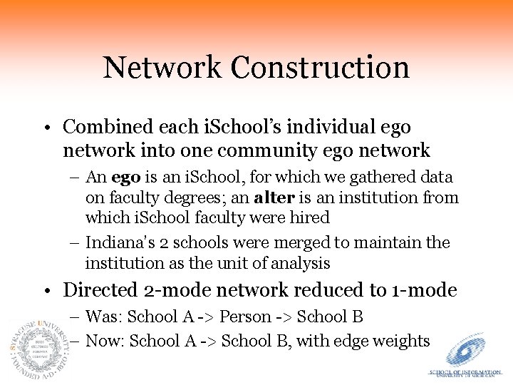 Network Construction • Combined each i. School’s individual ego network into one community ego