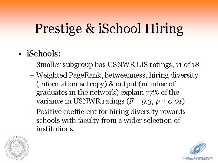 Prestige & i. School Hiring • i. Schools: – Smaller subgroup has USNWR LIS