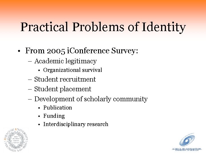 Practical Problems of Identity • From 2005 i. Conference Survey: – Academic legitimacy •