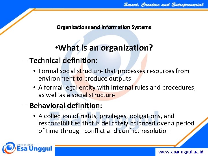Organizations and Information Systems • What is an organization? – Technical definition: • Formal