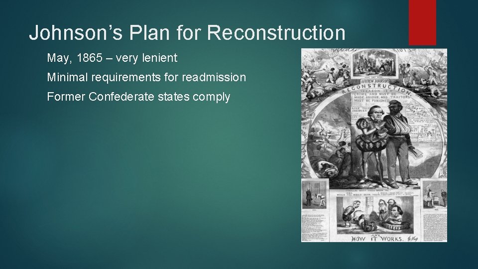 Johnson’s Plan for Reconstruction May, 1865 – very lenient Minimal requirements for readmission Former