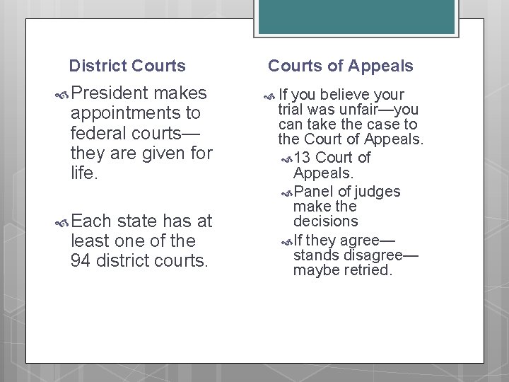 District Courts President makes appointments to federal courts— they are given for life. Each